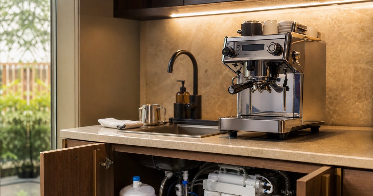How do you plan plumbing and water treatment for a luxury espresso setup?